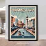 This poster beautifully illustrates the classic architecture and waterways that give Birmingham its distinctive character