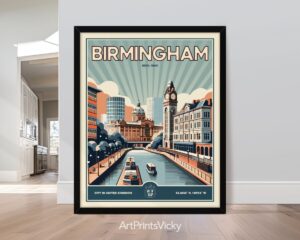 This poster beautifully illustrates the classic architecture and waterways that give Birmingham its distinctive character