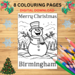 colouring page on a table with image of christmas tree snowflakes and colouring pencils