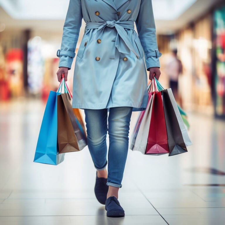 photo of a lady walking by shops holding shopping bags