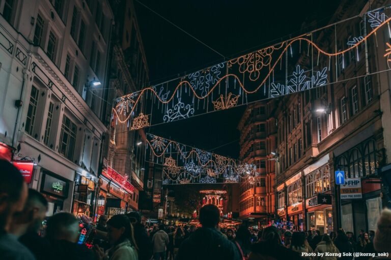 Christmas street, Birmingham UK, night time, Christmas lights