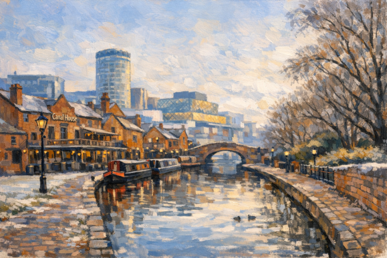 Artistic illustration of Birmingham canals with boats, bridge and city skyline in winter