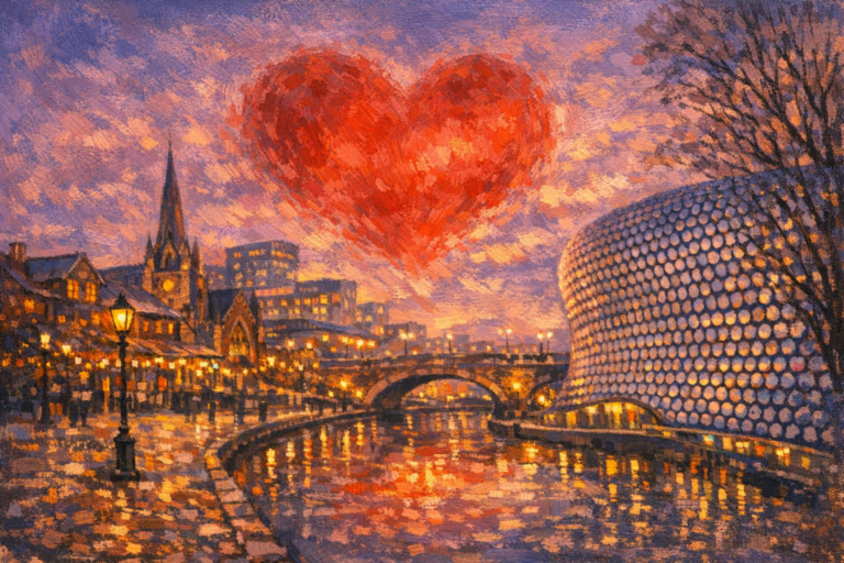 Artistic illustration of Birmingham skyline with the Selfridges building and a glowing heart over the canal